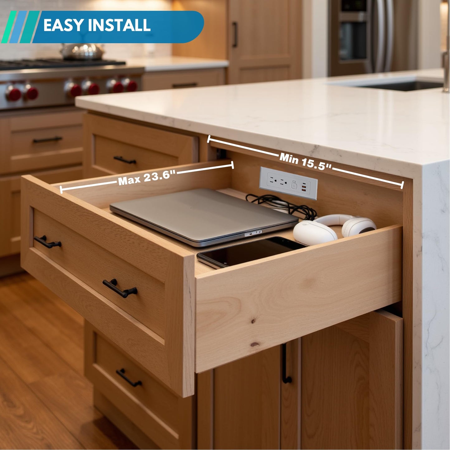 Drawer Outlet Kit QC18W Fast Charging Station USB Power Cabinet Plug Charging Strip Recessed Vanity Table Box Desk Nightstand Mount Organizer, 14 AWG Power Cable for Kitchen Bedroom-White