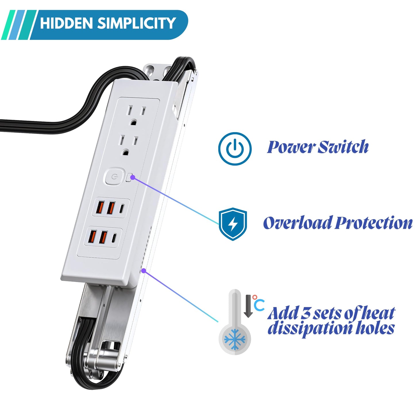 Drawer Outlet Kit PD30W USB-C Fast Charging Station USB Power Cabinet Plug Charging Strip Recessed Vanity Table Box Desk Nightstand Mount Organizer, 14 AWG Power Cable for Kitchen Bedroom-White