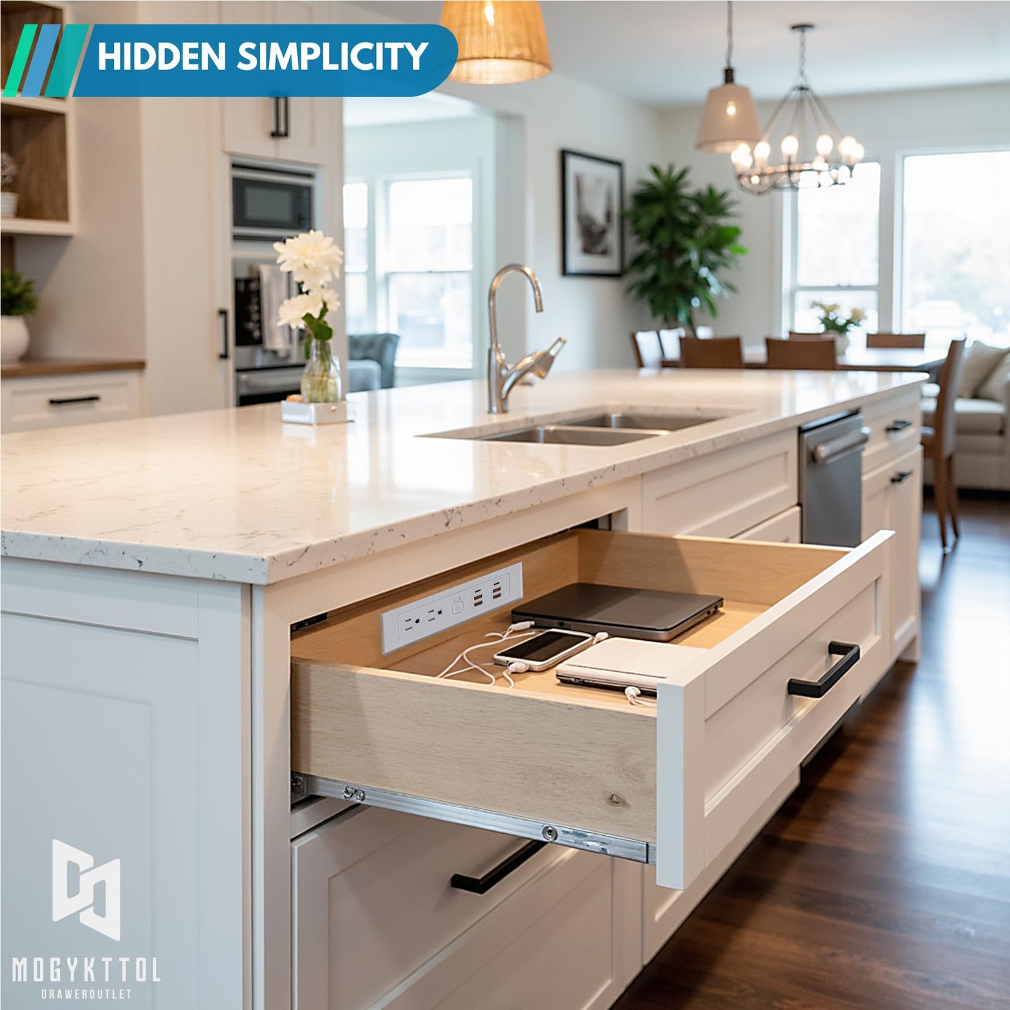 Drawer Outlet Kit PD30W USB-C Fast Charging Station USB Power Cabinet Plug Charging Strip Recessed Vanity Table Box Desk Nightstand Mount Organizer, 14 AWG Power Cable for Kitchen Bedroom-White